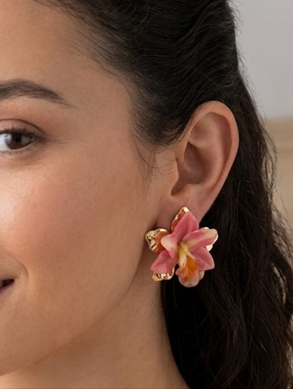 Piper K Orange Orchid Large Flower Resin  Stud Earings